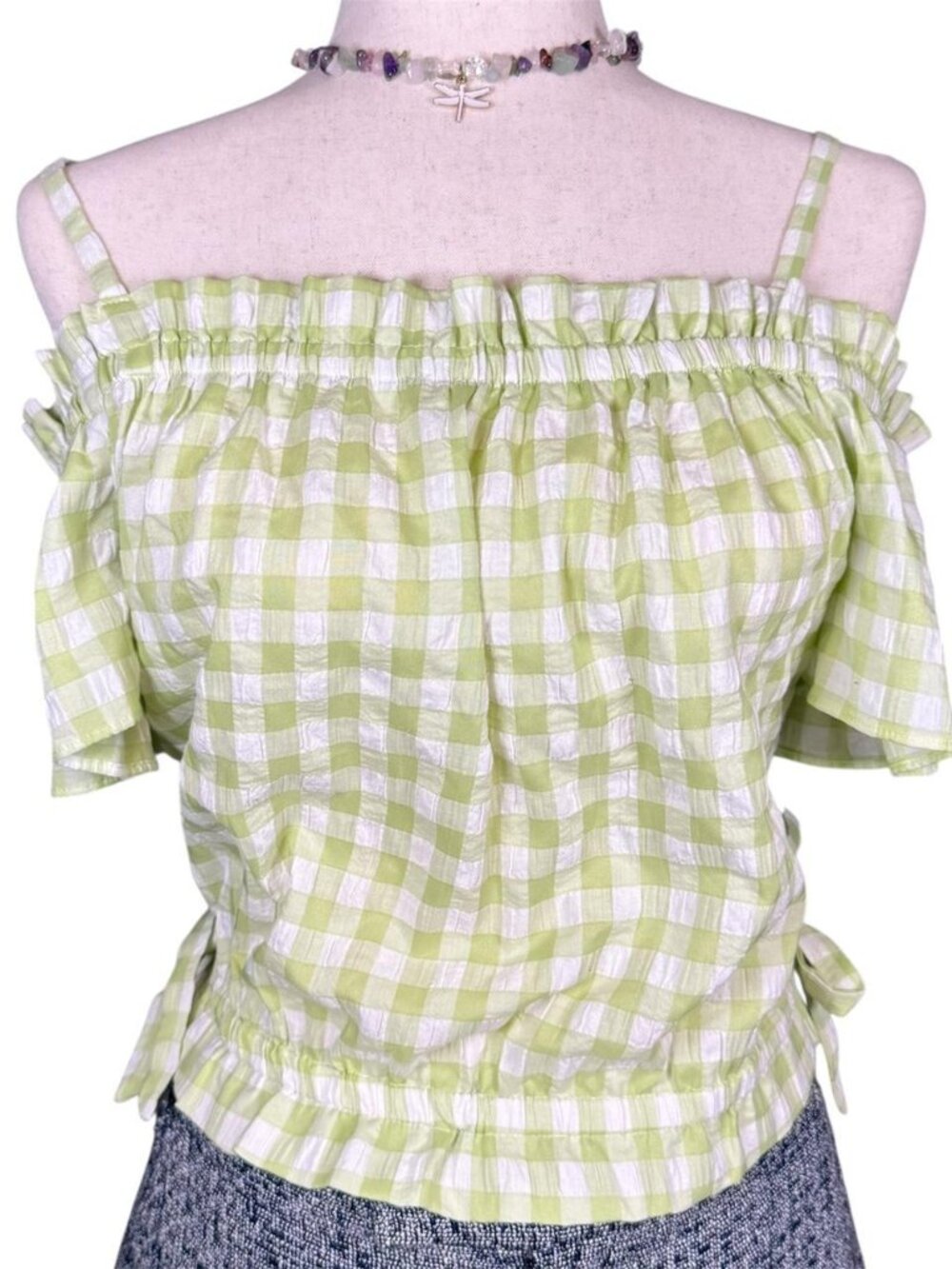 B Wear pastel green and white gingham off the shoulder summer crop top